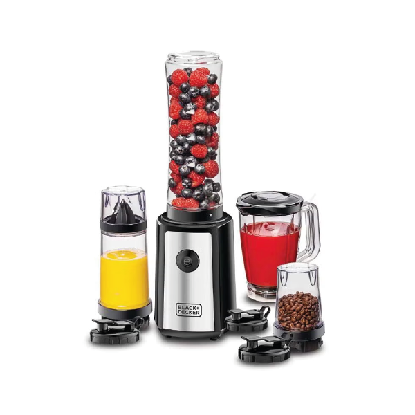 BLACK+DECKER 4-in-1 Compact Sports Blender and Smoothie Maker with Citrus Juicer & Grinder Mill 300 W SBX300BCG-B5 Black/Clear