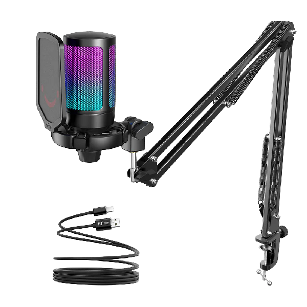 FIFINE USB USB Gaming Microphone Kit, RGB Condenser Microphones Set For PC PS4 PS5 With Mute Button  A6T Black