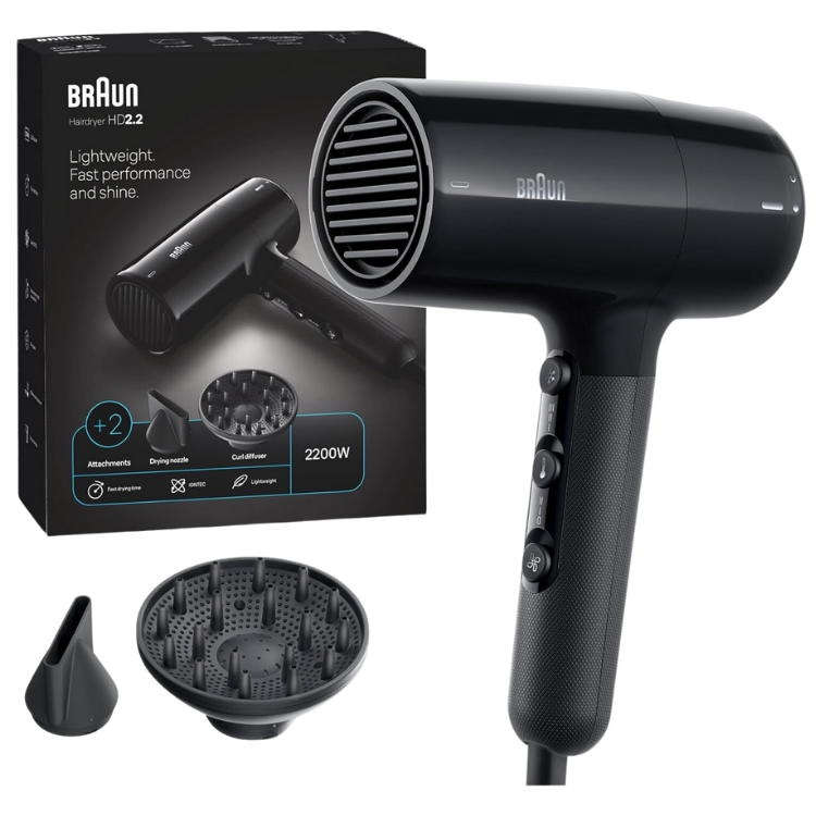 BRAUN Hair Dryer Hd2.2 Light Weight,2200 Watts, 3 Heat Mode Plus Cool Shot Ion BRHD225SDE Black