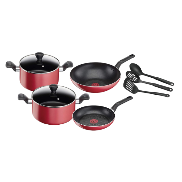 TEFAL 9-Piece Non-Stick Lightweight Durable And Premium Quality Cookware Set B460S984 Red/Black TEFAL 9-Piece Non-Stick Lightweight Durable And Premium Quality Cookware Set B460S984 Red/Black