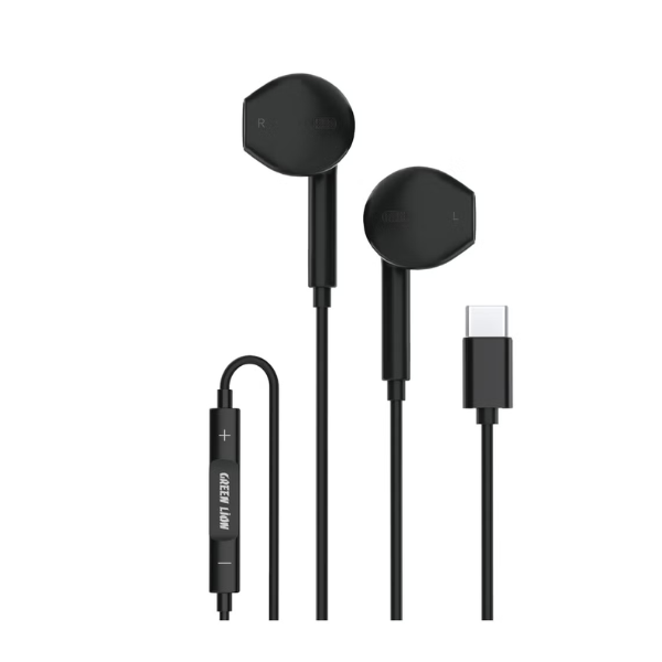 GREEN LION Stereo Wired Earphones with Type-C & 1.2m Cable – Black