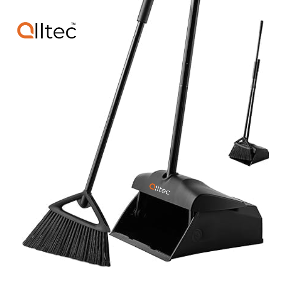 alltec Commercial Lobby Dust Pan and Broom Set Long Handle Complete Cleaning Combo for Office Garage Kitchen Black