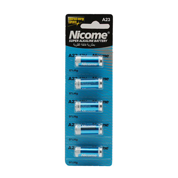 Nicome Super Alkaline 12V Miniature Battery for Remote Controls Garage Door Openers and Wireless Signal Devices Compact Cylindrical Design Reliable Power Performance Pack of 5 A23