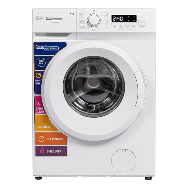 SUPER GENERAL 6Kg 1000 RPM Front Load Washing Machine LED Display With 5 Star Energy Efficient 15 Wash Programs Child Lock And Quick Wash 6 kg SGW6250NLED White