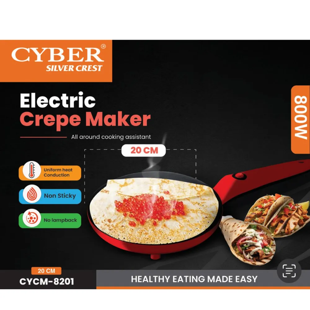 Cyber Silver Crest Electric Crepe Maker 20cm Non-Stick Family Size Pancake Maker CYCM-8201
