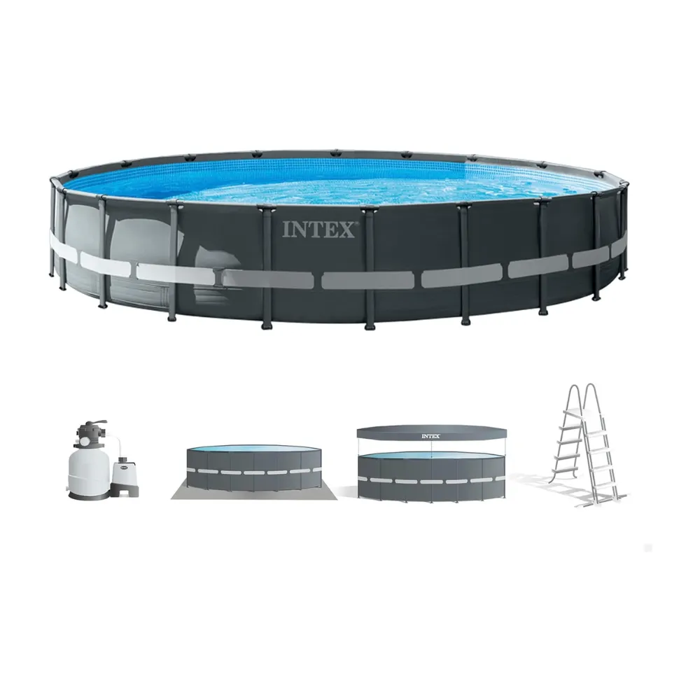 INTEX Ultra Frame Pool Set 6.10 × 1.22 m Round Above Ground Swimming Pool with Safety Ladder Pool Cover Ground Cloth Grey 26334