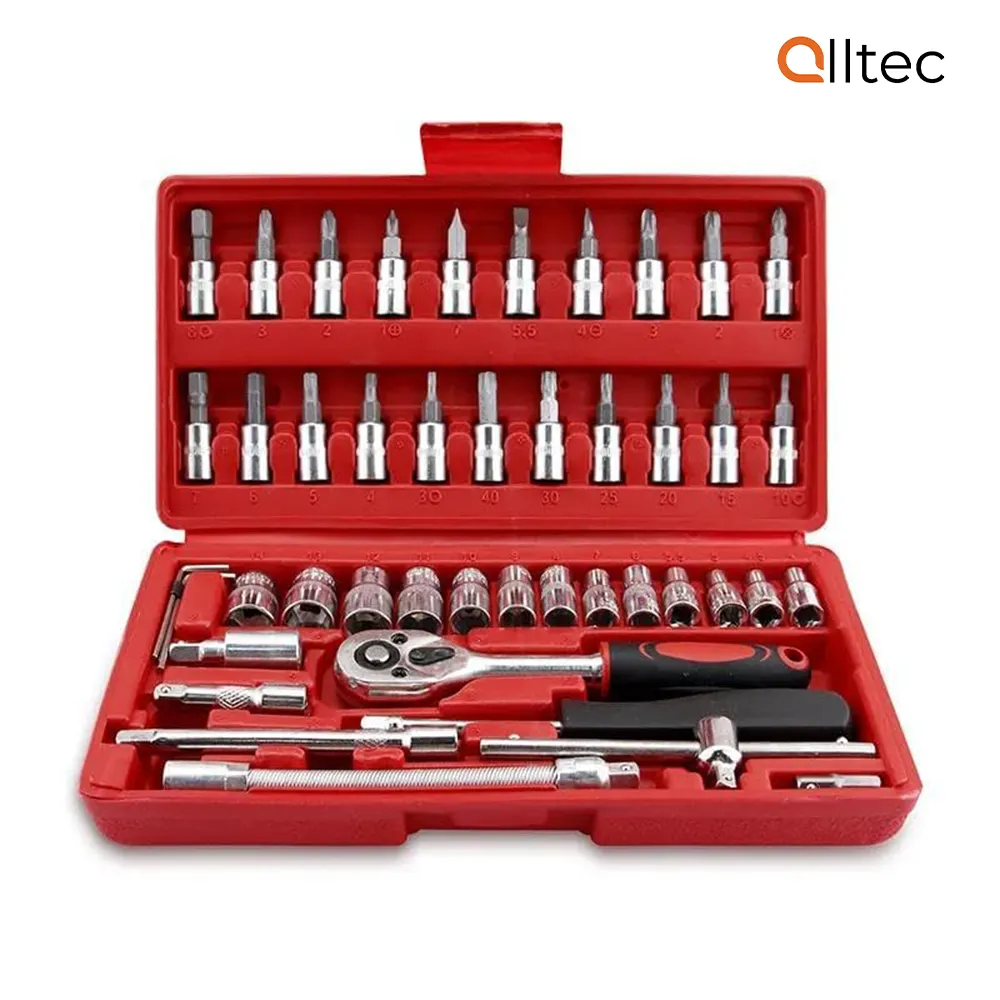 Alltec 46 Piece 1/4 Inch Drive Socket Wrench Set Metric 4-14mm Cr-V Sockets S2 Bits Ratchet Handle Extension Bars Tool Kit VT01