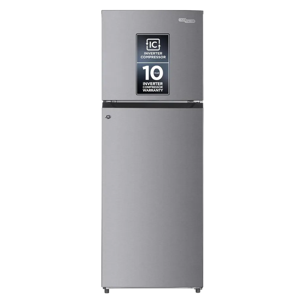 Super General 410L Double Door Refrigerator 334L Net Capacity No Frost Multi-Airflow Inverter Compressor Glass Shelves Chiller Zone Twist Ice Maker Silver Inox SGR415IE