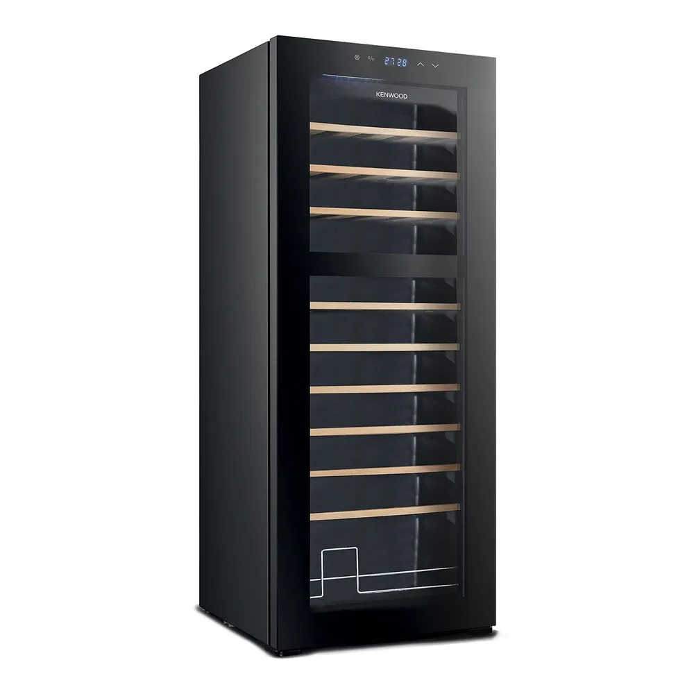 KENWOOD 55-Bottle Freestanding Beverage Cooler Compressor Cooling Dual Temperature Zone Blue LED Double Glass Door Wooden Shelves Black BCW55