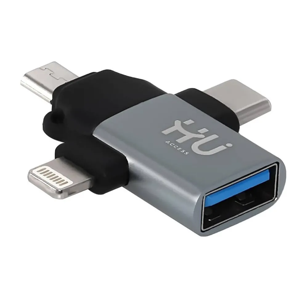 Hui 3-in-1 OTG USB Adapter USB-C Micro USB and Lightning Connectors USB 2.0 Fast Data Transfer Plug and Play Converter Grey HAC-1050