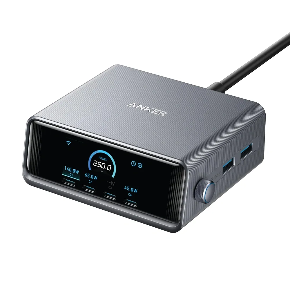 Anker Prime Charging Station 250W 6-Port GaN USB Charger 4 USB-C 2 USB-A 140W USB-C Output 2.26-Inch LCD Smart Display Charging Control Silver Anker Prime Charging Station 250W 6-Port GaN USB C Charger