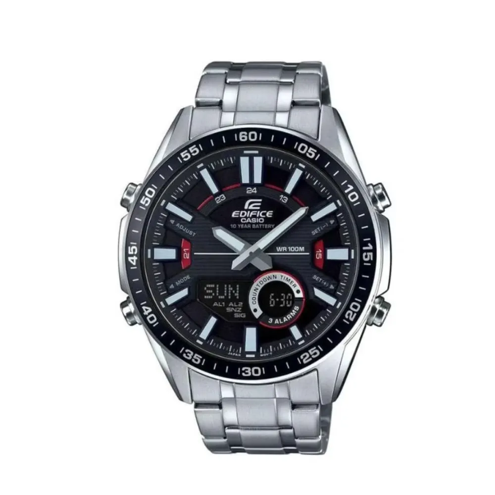 CASIO Edifice Men's Analog-Digital Quartz Watch Black Dial Silver Stainless Steel Bracelet EFV-C100D-1AVDF