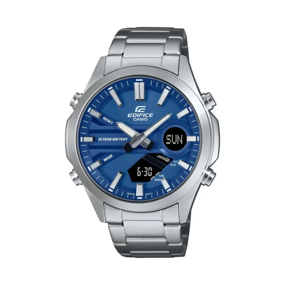 CASIO Edifice Men's Analog-Digital Telememo Quartz Watch Blue Dial Silver Stainless Steel Bracelet EFV-C120D-2ADF