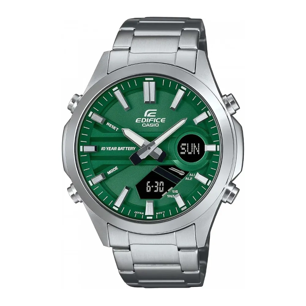 CASIO Edifice Men's Analog-Digital Quartz Watch Green Dial Silver Stainless Steel Bracelet EFV-C120D-3ADF