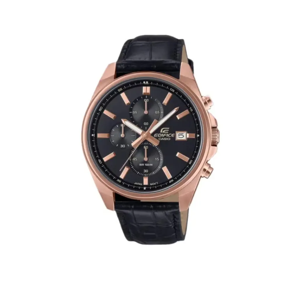 CASIO Edifice Men's Chronograph Quartz Watch Black Dial Black Genuine Leather Strap Rose Gold Case EFV-610ECL-1AUDF