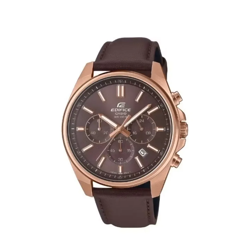CASIO Edifice Men's Standard Chronograph Watch Pink Gold Ion-Plated Stainless Steel Case Leather Strap 100M Water Resistance Date Display EFV-650CL-5AVUDF