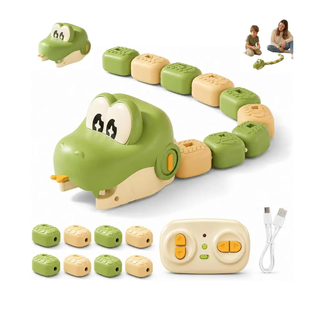 Magnetic Snake Game Toy Rechargeable Remote Control RC Snake with LED Lights Sounds Magnetic Blocks Green