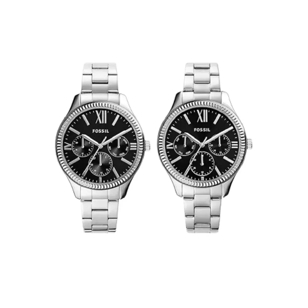 Fossil His and Her Couple Analog Black Dial Silver-Tone Stainless Steel Multifunction Watch Set BQ2644SET