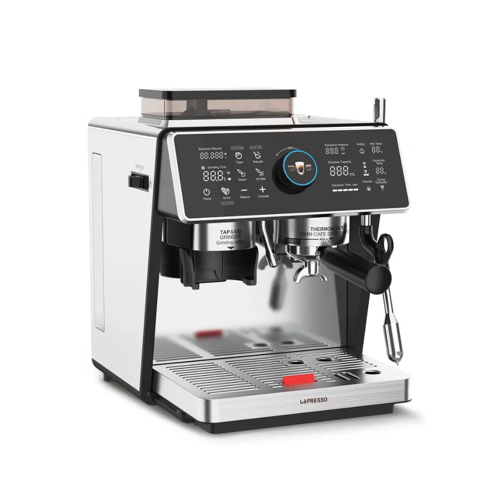 LePresso Viventé Semi-Automatic Coffee Machine with Touch Display Built-In Conical Burr Grinder 30 Adjustable Grind Settings 20 Bar ULKA Pump Dual Boiler Dual Pump 3000W Silver LPCFFVSA0047SL