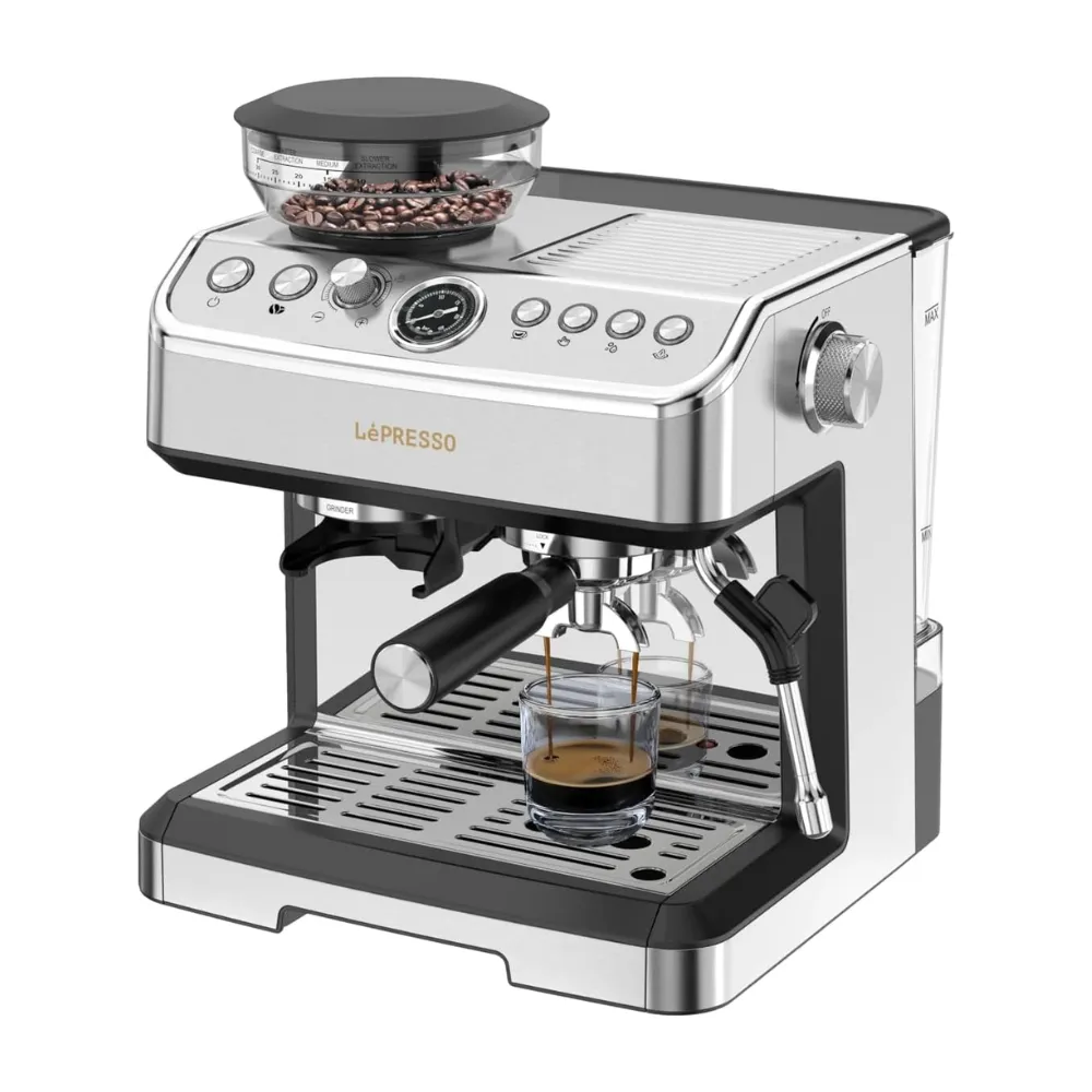 LePresso Espresso Machine with Conical Grinder and Steamer Dual Boiler System 20 Bar Pump 2.8L Water Tank 58mm Filter Silver LPCFFM0038
