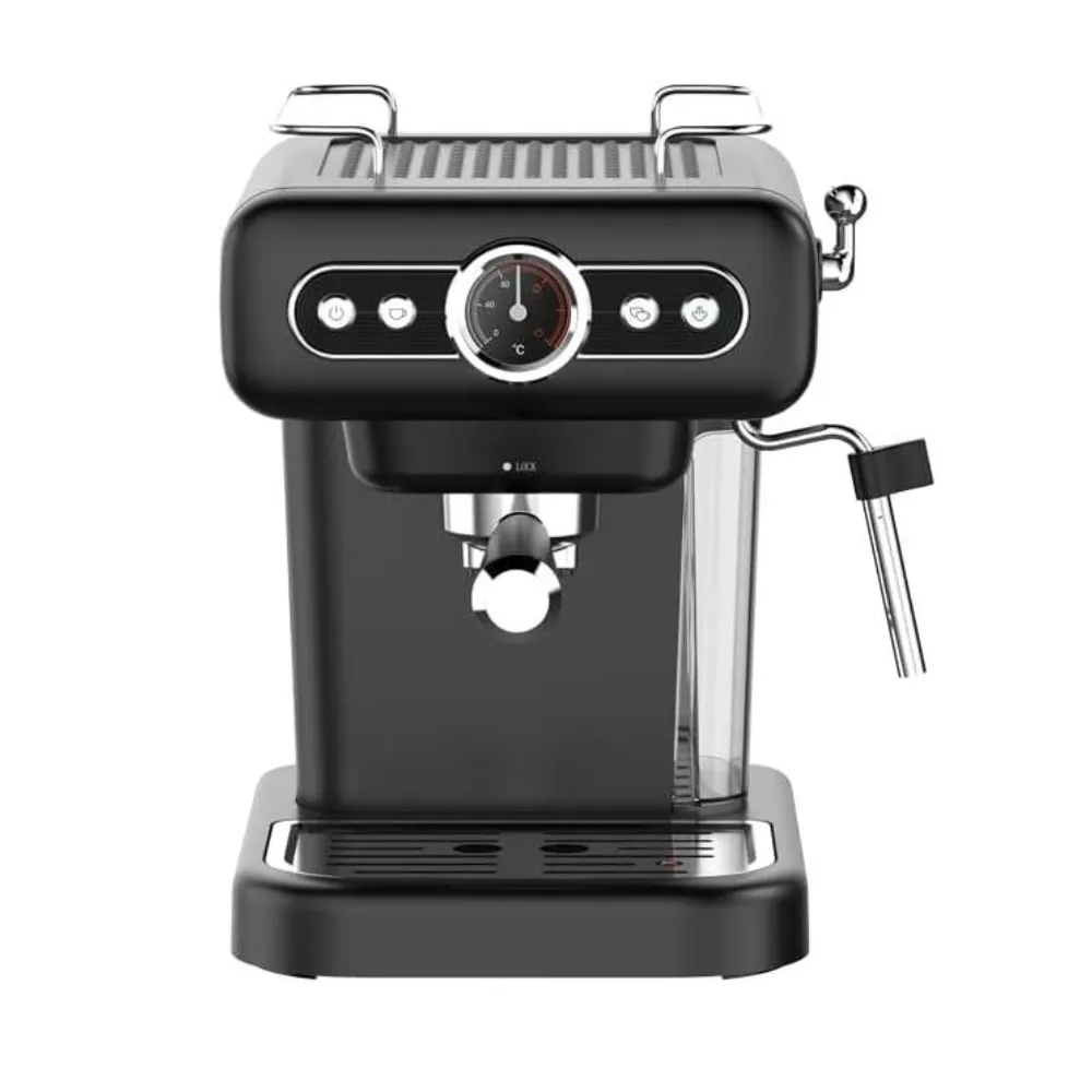 LePresso Retro Espresso Machine with Boiler Gauge Milk Steamer 15 Bar Pump 1.2L Water Tank Cup Warmer 950W Black LPCFFM0012BK