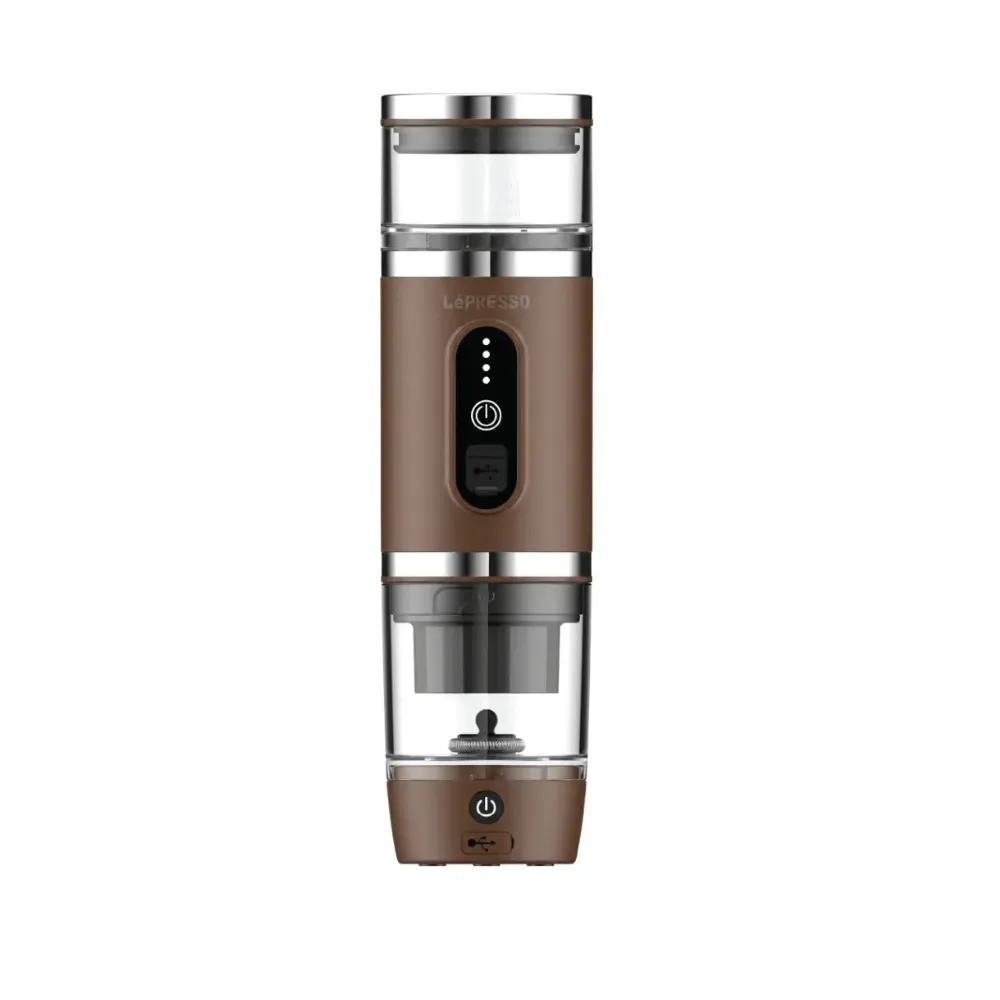 LePresso 4-in-1 Portable Coffee Machine with Milk Frother 20 Bar Pressure 80ml Capacity 2500mAh Battery Nespresso and Dolce Gusto Capsule Compatible Brown LPCFFM4IN1BR