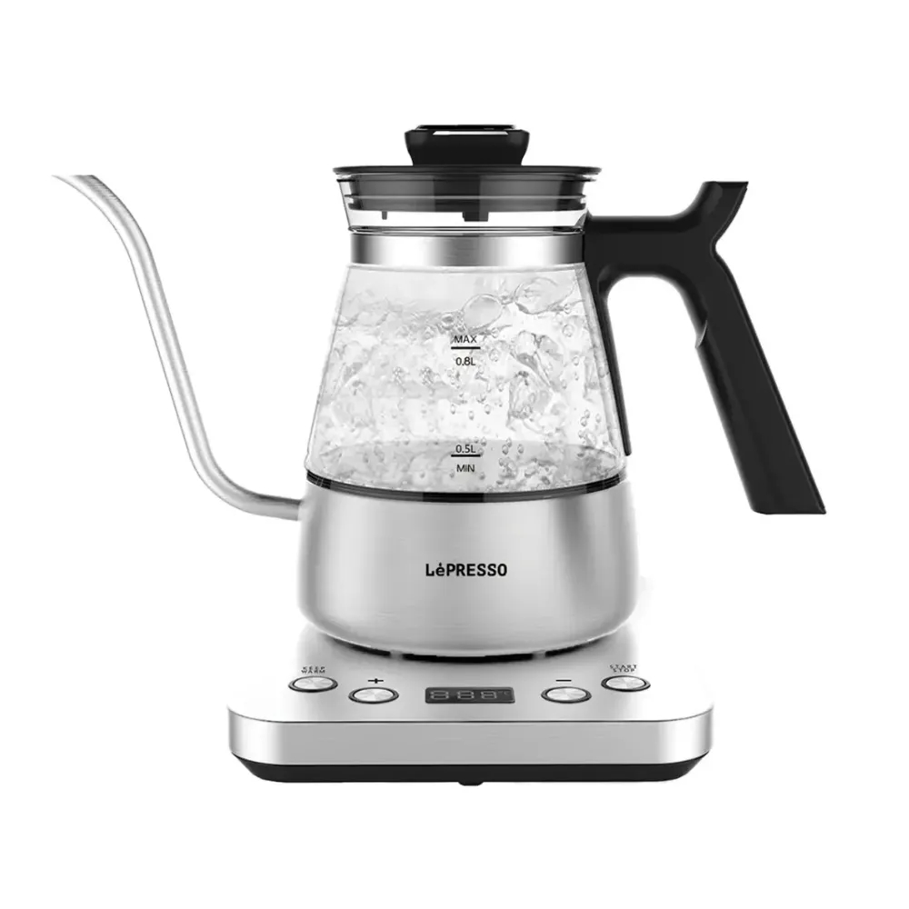 LePresso BrewWave Gooseneck Electric Kettle 0.8L Digital Temperature Control SUS 430 Stainless Steel Glass Body Boil Dry Protection Vacuum Double-Layer Insulation Silver LPCFFGEK0021SL