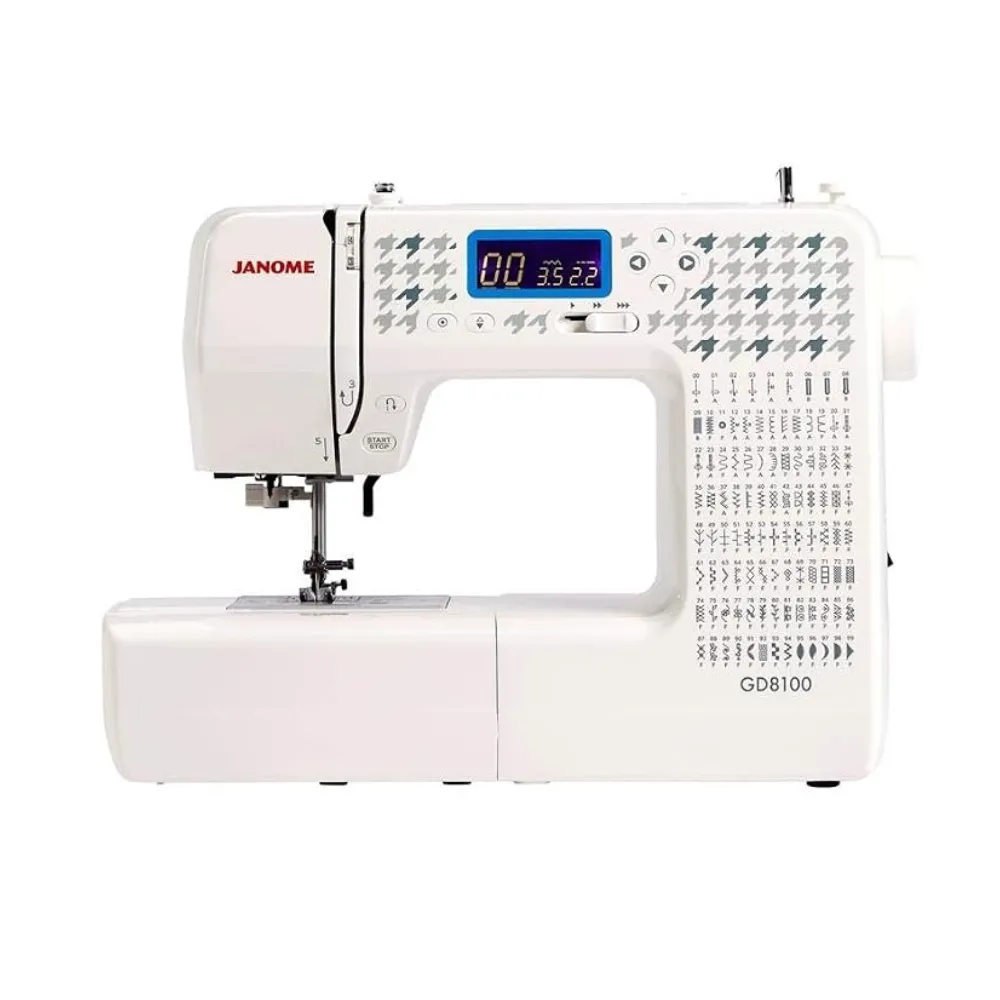 Janome Computerised Sewing Machine 100 Built-In Stitches 3 One-Step Buttonholes 7mm Stitch Width Automatic Needle Threader LCD Display Speed Control White GD8100