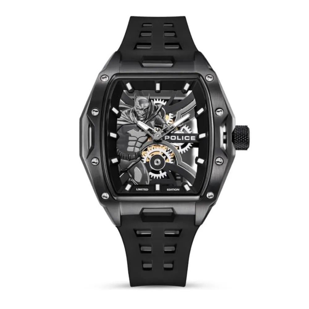 Police Batman Gotham Series Limited Edition Men's Analog Watch Quartz Movement Black PVD Stainless Steel Rectangular Case Black Dial Grey Hands Black Resin Strap 5 ATM Water Resistance Black PEWGM0075301 Police Batman Gotham Series Limited Edition Men's Analog Watch Quartz Movement Black PVD Stainless Steel Rectangular Case Black Dial Grey Hands Black Resin Strap 5 ATM Water Resistance Black PEWGM0075301