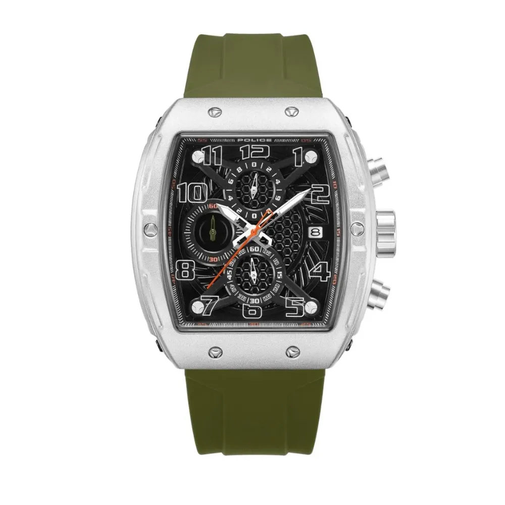 Police Coswig Men's Chronograph Watch Quartz Movement Tonneau-Shaped Stainless Steel Alloy Case Black Dial Orange Accents Stopwatch Date Display Green Silicone Strap 3 ATM Water Resistance Silver Green PEWGO0063104 Police Coswig Men's Chronograph Watch Quartz Movement Tonneau-Shaped Stainless Steel Alloy Case Black Dial Orange Accents Stopwatch Date Display Green Silicone Strap 3 ATM Water Resistance Silver Green PEWGO0063104