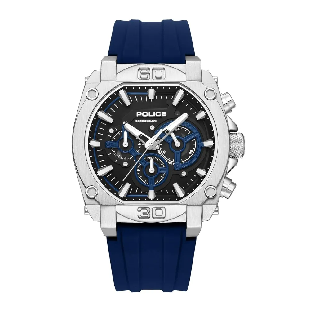 Police Norwood Men's Chronograph Watch Quartz Movement Silver Stainless Steel Round Case Black and Blue Dial Three Chronograph Subdials Blue Silicone Strap 5 ATM Water Resistance Silver Blue PEWGO0092904 Police Norwood Men's Chronograph Watch Quartz Movement Silver Stainless Steel Round Case Black and Blue Dial Three Chronograph Subdials Blue Silicone Strap 5 ATM Water Resistance Silver Blue PEWGO0092904
