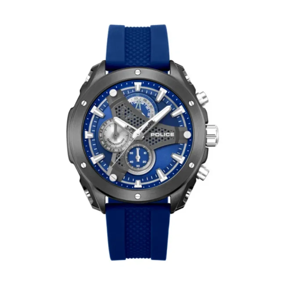 Police Wyvern Men's Chronograph Multifunction Watch Quartz Movement Grey Gunmetal Stainless Steel Round Case Blue Dial Blue Silicone Strap 5 ATM Water Resistance Grey Blue PEWGO0093002 Police Wyvern Men's Chronograph Multifunction Watch Quartz Movement Grey Gunmetal Stainless Steel Round Case Blue Dial Blue Silicone Strap 5 ATM Water Resistance Grey Blue PEWGO0093002