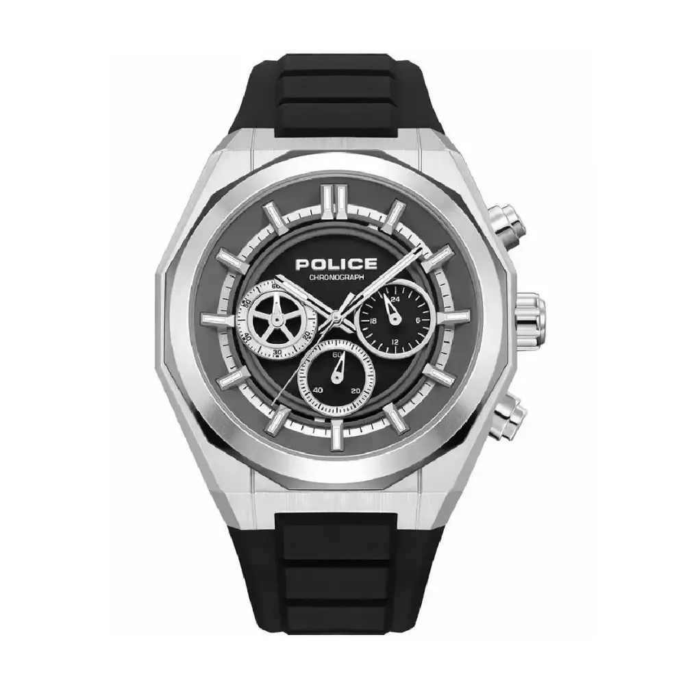 Police Steward Men's Chronograph Watch Quartz Movement Matte Silver Stainless Steel Round Case Silver Dial Luminous Hands and Indexes Black Silicone Strap 5 ATM Water Resistance Silver Black PEWGO0093702 Police Steward Men's Chronograph Watch Quartz Movement Matte Silver Stainless Steel Round Case Silver Dial Luminous Hands and Indexes Black Silicone Strap 5 ATM Water Resistance Silver Black PEWGO0093702