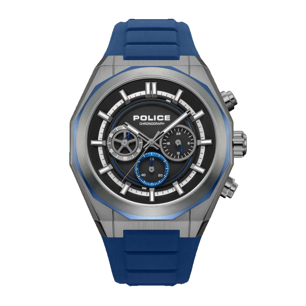Police Steward Men's Chronograph Watch Quartz Movement Stainless Steel Round Case Black Dial Blue Silicone Strap 5 ATM Water Resistance Black Blue PEWGO0093703 Police Steward Men's Chronograph Watch Quartz Movement Stainless Steel Round Case Black Dial Blue Silicone Strap 5 ATM Water Resistance Black Blue PEWGO0093703