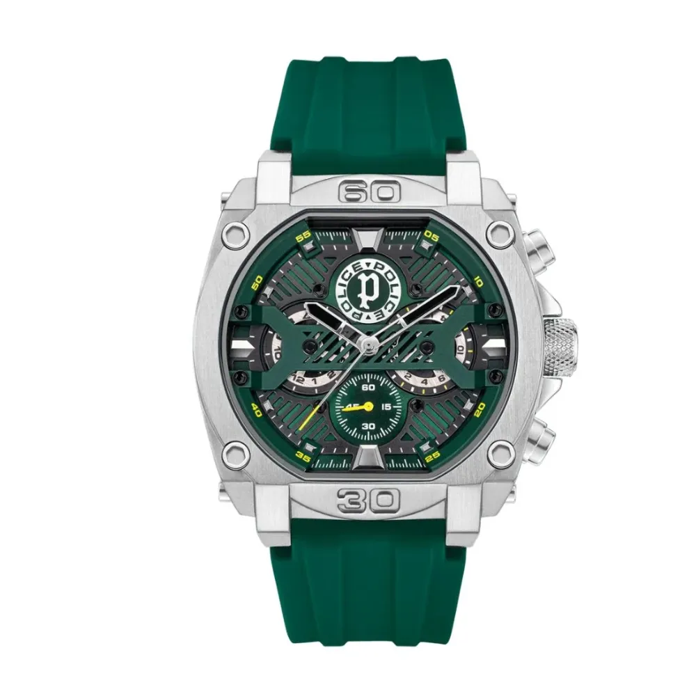 Police Norwood Men's Multifunction Watch Quartz Movement Stainless Steel Case Green and Black Sunray Dial Day Date 24-Hour Subdials Green Silicone Strap 5 ATM Water Resistance Silver Green PEWGQ0040002M Police Norwood Men's Multifunction Watch Quartz Movement Stainless Steel Case Green and Black Sunray Dial Day Date 24-Hour Subdials Green Silicone Strap 5 ATM Water Resistance Silver Green PEWGQ0040002M