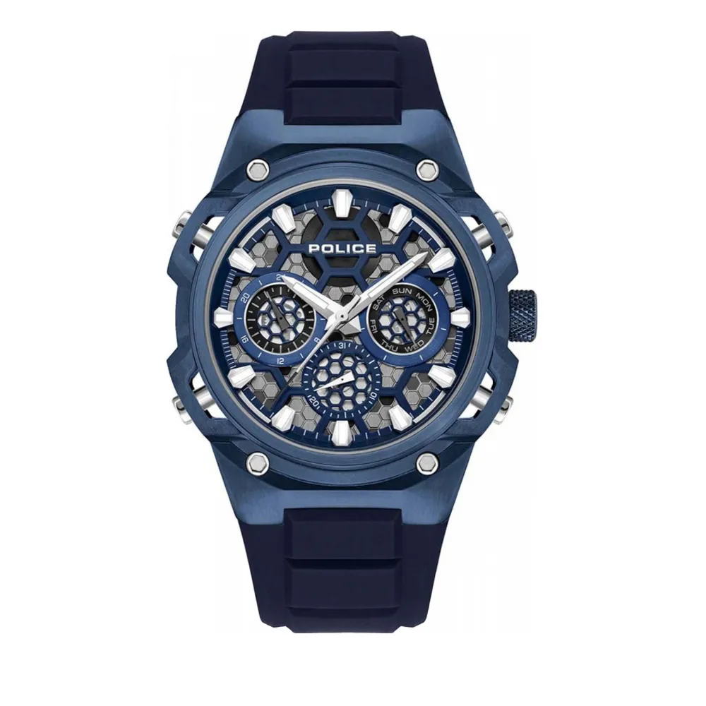 Police Challenger Urban Men's Analog Watch Quartz Movement Stainless Steel Round Case Blue and Transparent Dial Baton Hour Markers Day and Date Display Blue Silicone Strap 5 ATM Water Resistance Blue PEWGQ0071903M Police Challenger Urban Men's Analog Watch Quartz Movement Stainless Steel Round Case Blue and Transparent Dial Baton Hour Markers Day and Date Display Blue Silicone Strap 5 ATM Water Resistance Blue PEWGQ0071903M