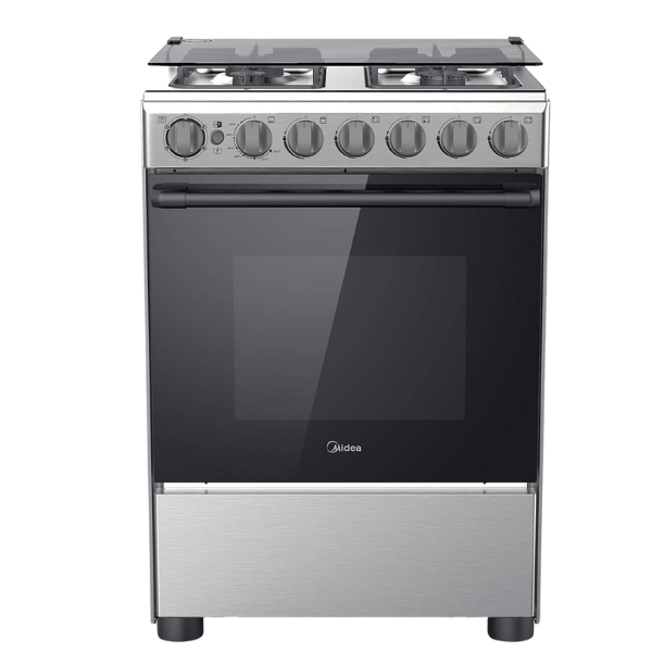Midea 60X60Cm Freestanding Cooker  Full Gas Cooking Range With 4 Burners  Automatic Ignition And Safety  Cast Iron Pan Support  Stainless Steel Finish  Separate Knob For Oven Grill BME62058FFD-D Silver/Black