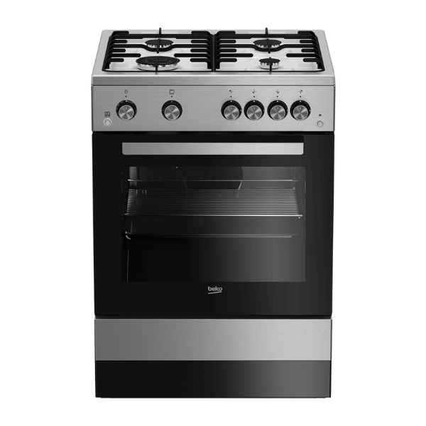 BEKO 60x60cm Free standing Gas Cooker  full safety with 4 High Efficiency Gas Burner(1 Wok)  Cast iron pan saupport  Stainless Steel colour  64 liters Oven Capacity  removable door glass for cleaning) FSGT 61121 DXL Black/White