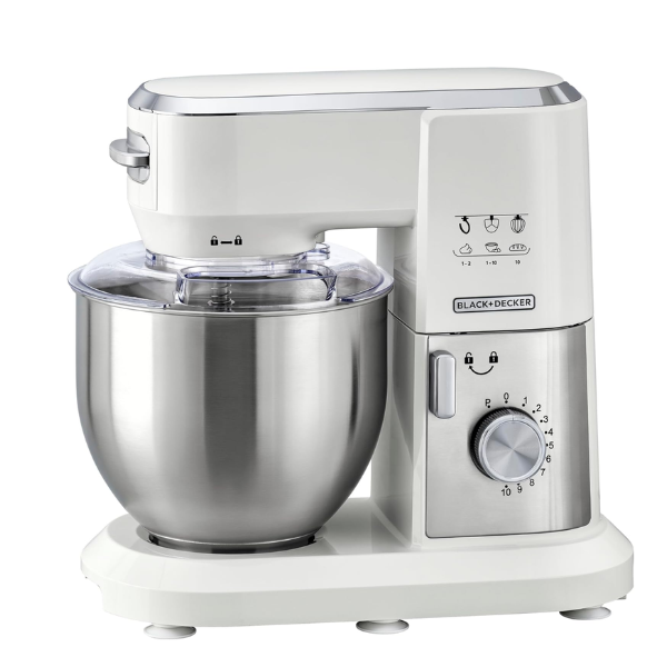 BLACK+DECKER Stand Mixer, Stainless Steel Bowl, 10 Speeds + Pulse, Planetary Action, Dough Hook, Beater, Whisk Attachments, Tilt Head, for Baking and Kneading, 6 L 1000 W MKM100-B5 White