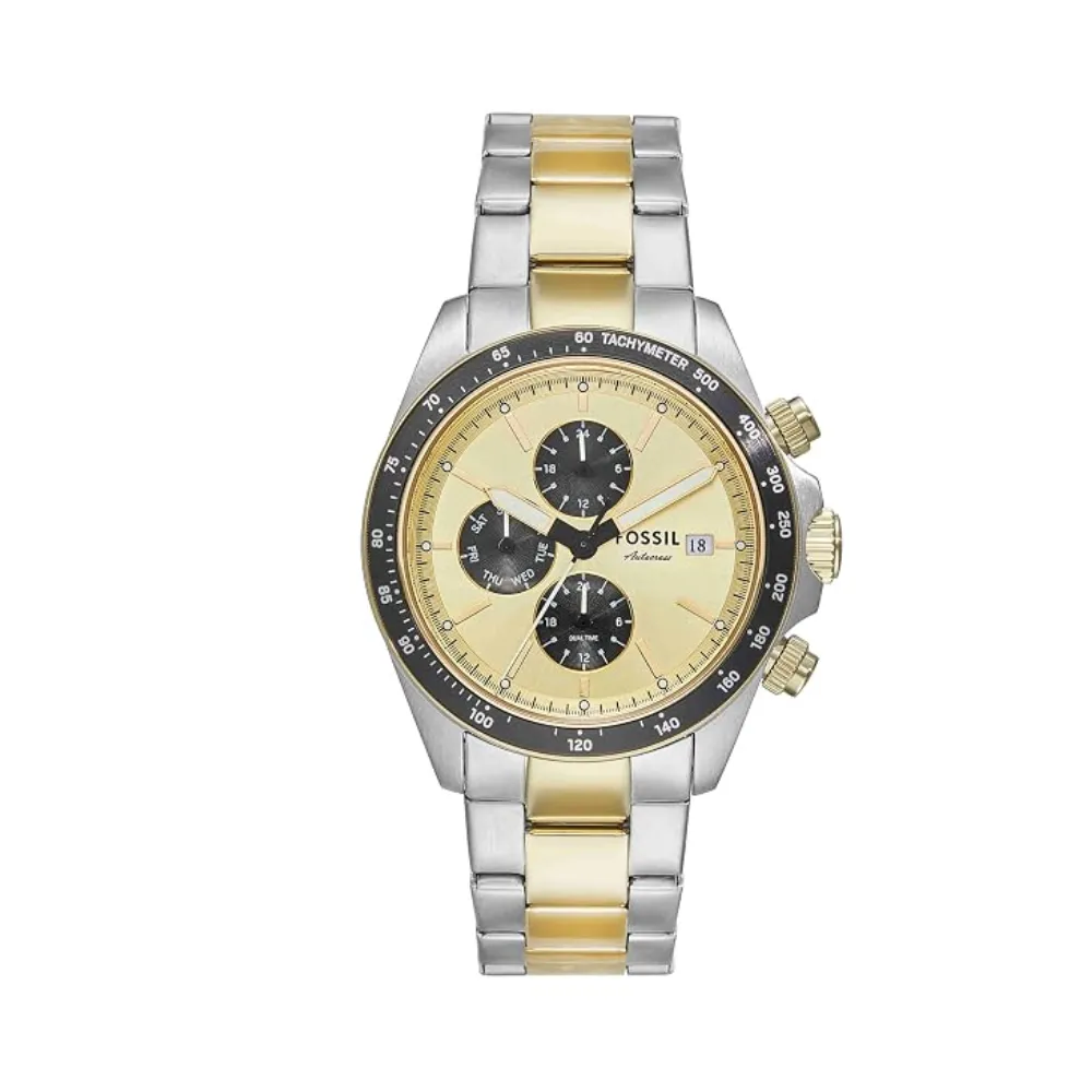 Fossil Autocross Men's Multifunction Analog Watch 42mm Stainless Steel Case Gold Dial Quartz Movement Mineral Glass 50m Water Resistance Two-Tone BQ2876