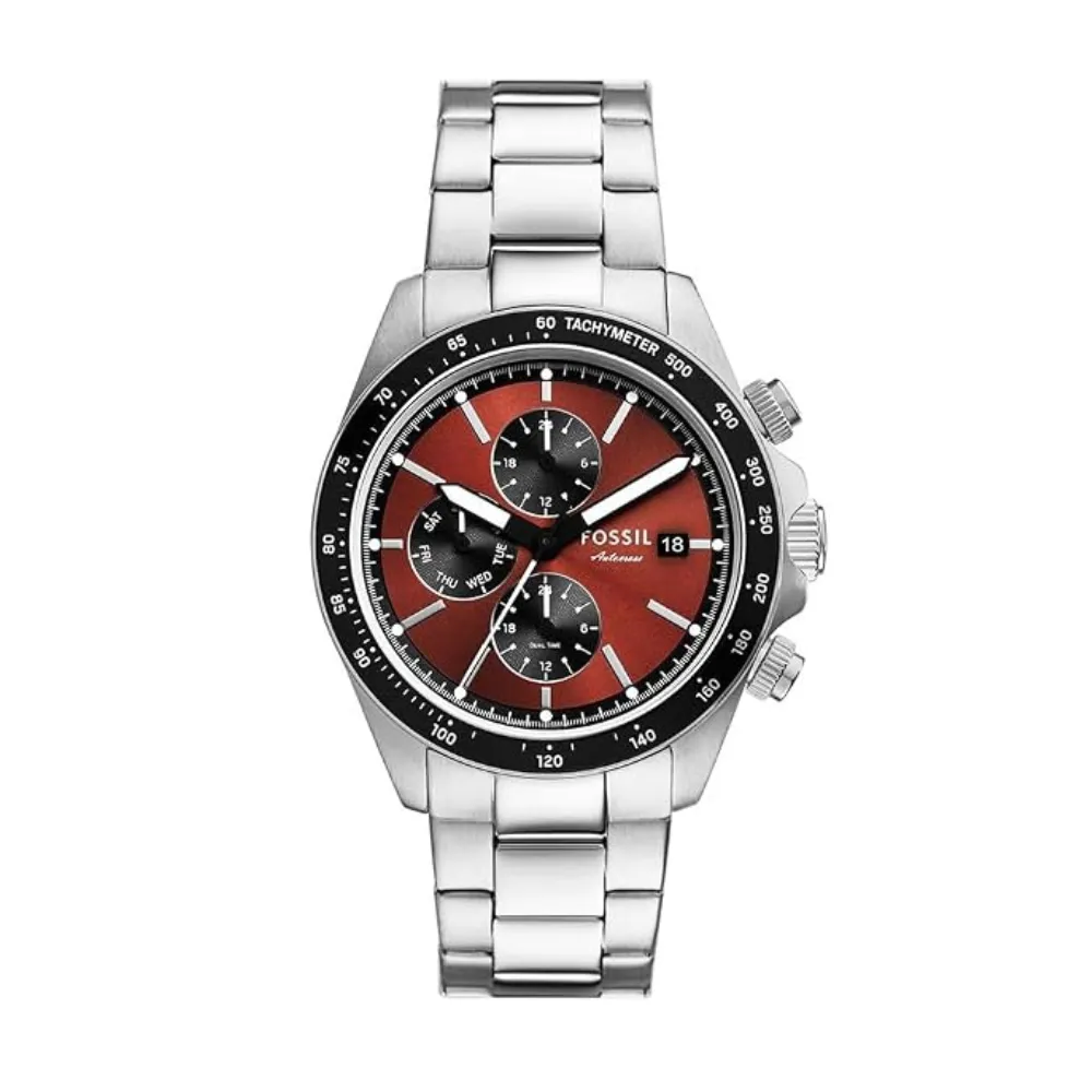 Fossil Men's Chronograph Analog Watch 42mm Stainless Steel Bracelet Red Dial Quartz Movement 50m Water Resistance Silver BQ2895
