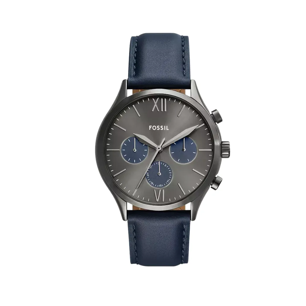 Fossil Fenmore Men's Multifunction Analog Watch 44mm Stainless Steel Case Grey Dial Quartz Movement Leather Strap 50m Water Resistance Navy BQ2901