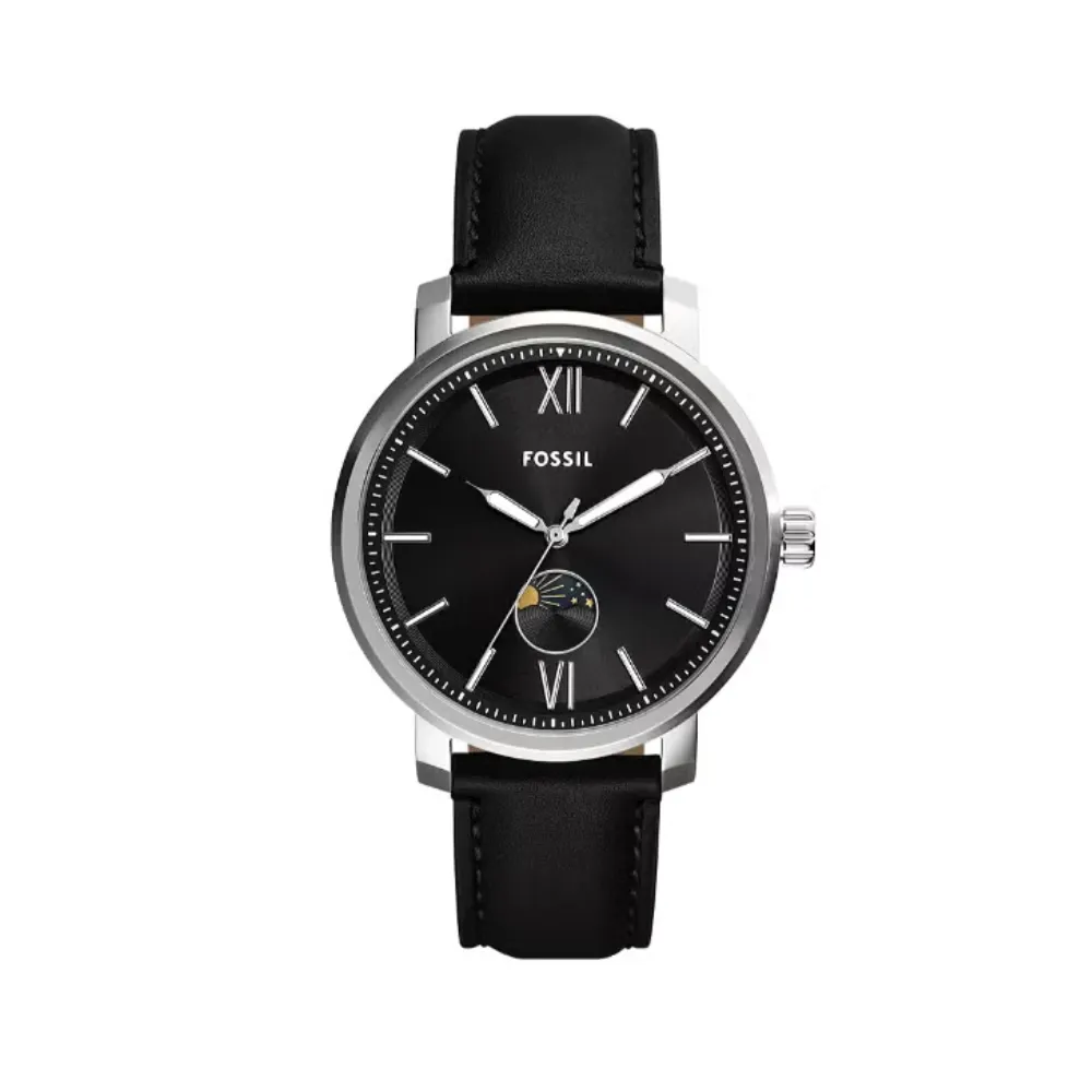 Fossil Rhett Men's Multifunction Analog Watch 43mm Round Case Black Sunray Dial Quartz Movement Day/Night Indicator Leather Strap 50m Water Resistance Black BQ2906