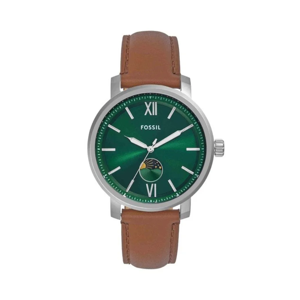 Fossil Rhett Men's Multifunction Analog Watch 43mm Stainless Steel Case Green Sunray Dial Quartz Movement Day/Night Indicator Mineral Glass 50m Water Resistance Brown BQ2907