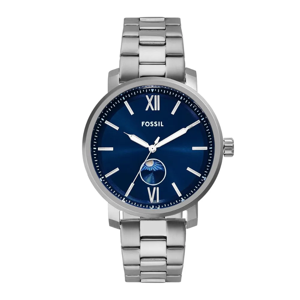 Fossil Rhett Men's Multifunction Analog Watch 43mm Stainless Steel Case Blue Dial Quartz Movement Mineral Glass 50m Water Resistance Silver BQ2909