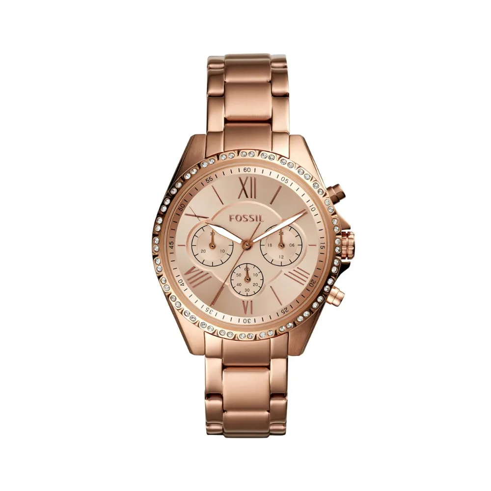Fossil Modern Courier Women's Chronograph Analog Watch 40mm Stainless Steel Case Roman Numeral Dial Quartz Movement Mineral Glass 50m Water Resistance Rose Gold BQ3377