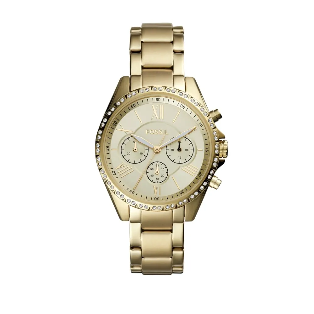 Fossil Modern Courier Women's Chronograph Analog Watch 40mm Stainless Steel Case Gold Dial Roman Numerals Quartz Movement Mineral Glass 50m Water Resistance Gold BQ3378