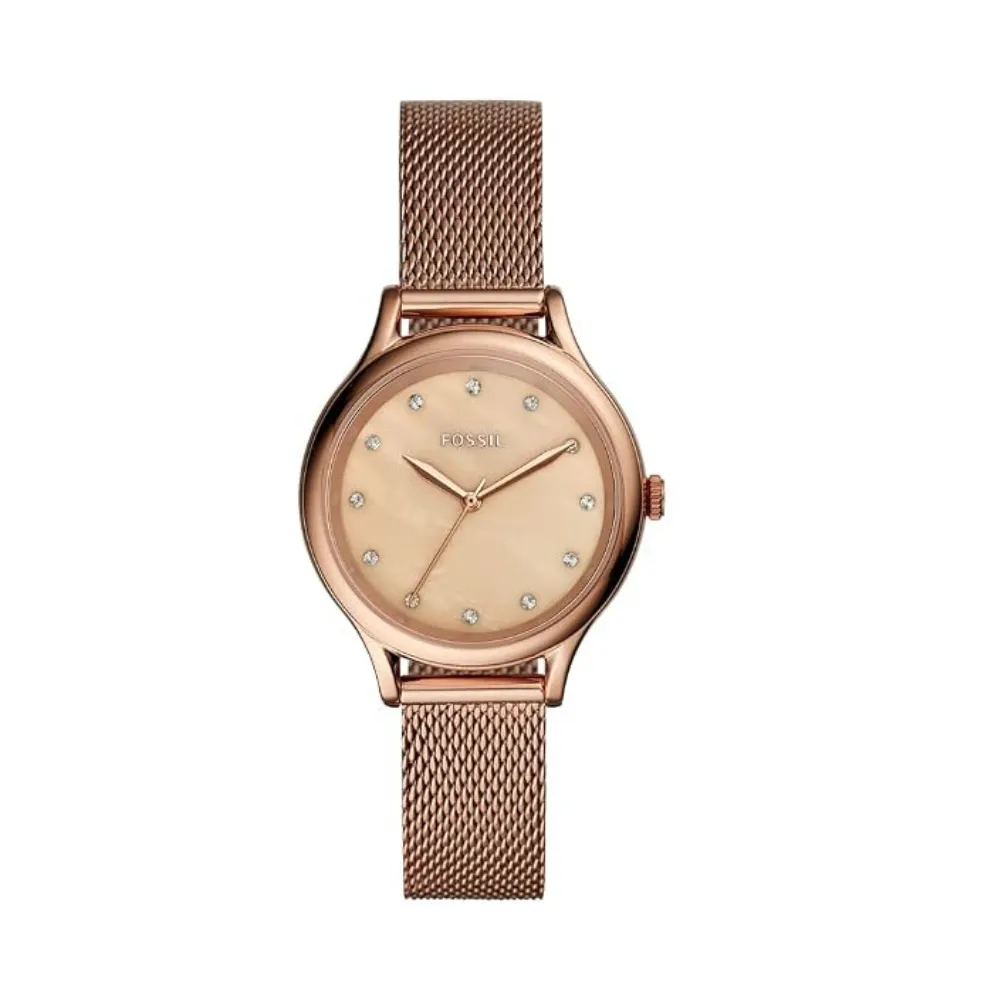 Fossil Laney Women's 3-Hand Analog Watch 34mm Stainless Steel Case Mother of Pearl Dial Quartz Movement Mineral Glass 50m Water Resistance Rose Gold BQ3392