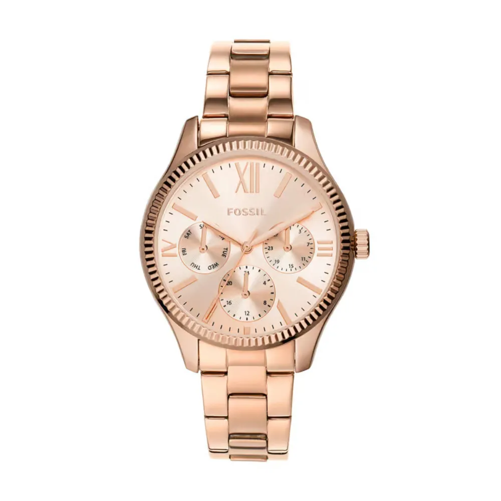 Fossil Rye Women's Multifunction Analog Watch 36mm Alloy Case Rose Gold Dial Quartz Movement Mineral Glass 30m Water Resistance Stainless Steel Strap Rose Gold BQ3691