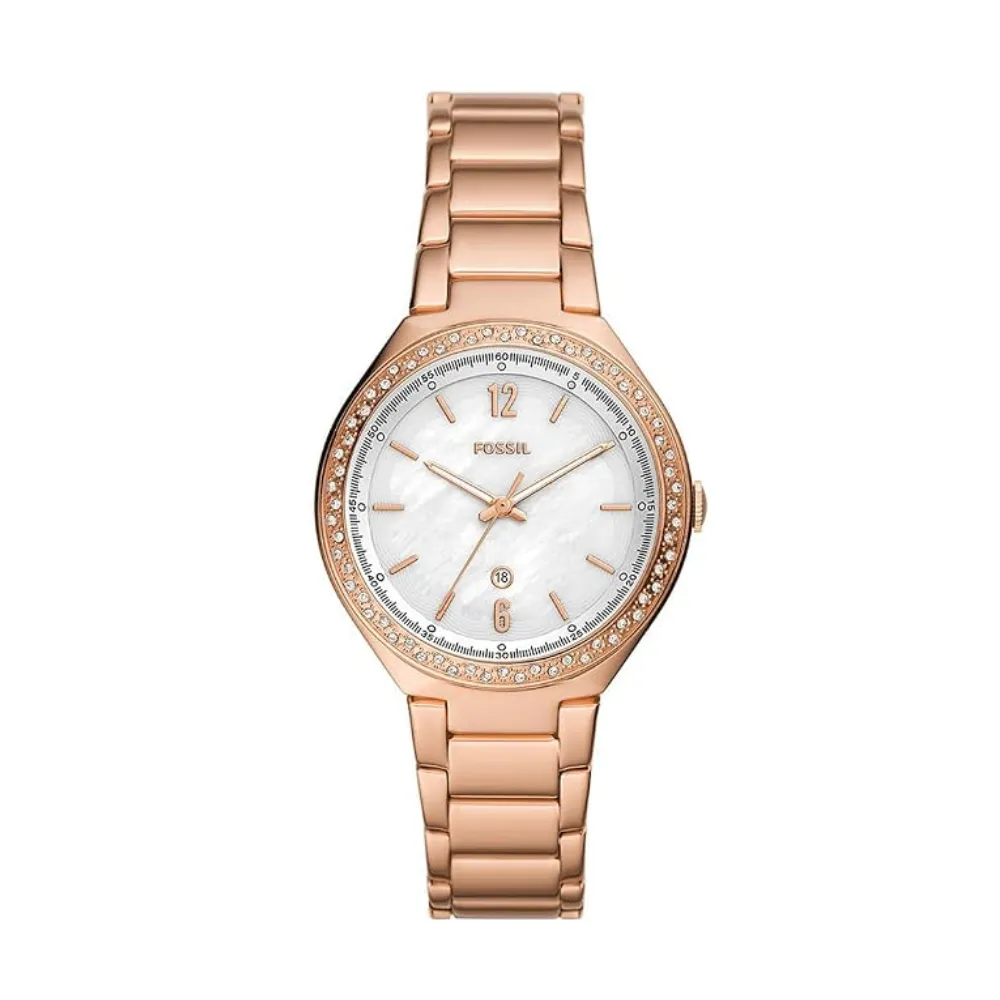 Fossil Women's Analog Watch 36mm Stainless Steel Case White Mother of Pearl Dial Quartz Movement Mineral Glass Crystal Embellishment 50m Water Resistance Rose Gold BQ3841